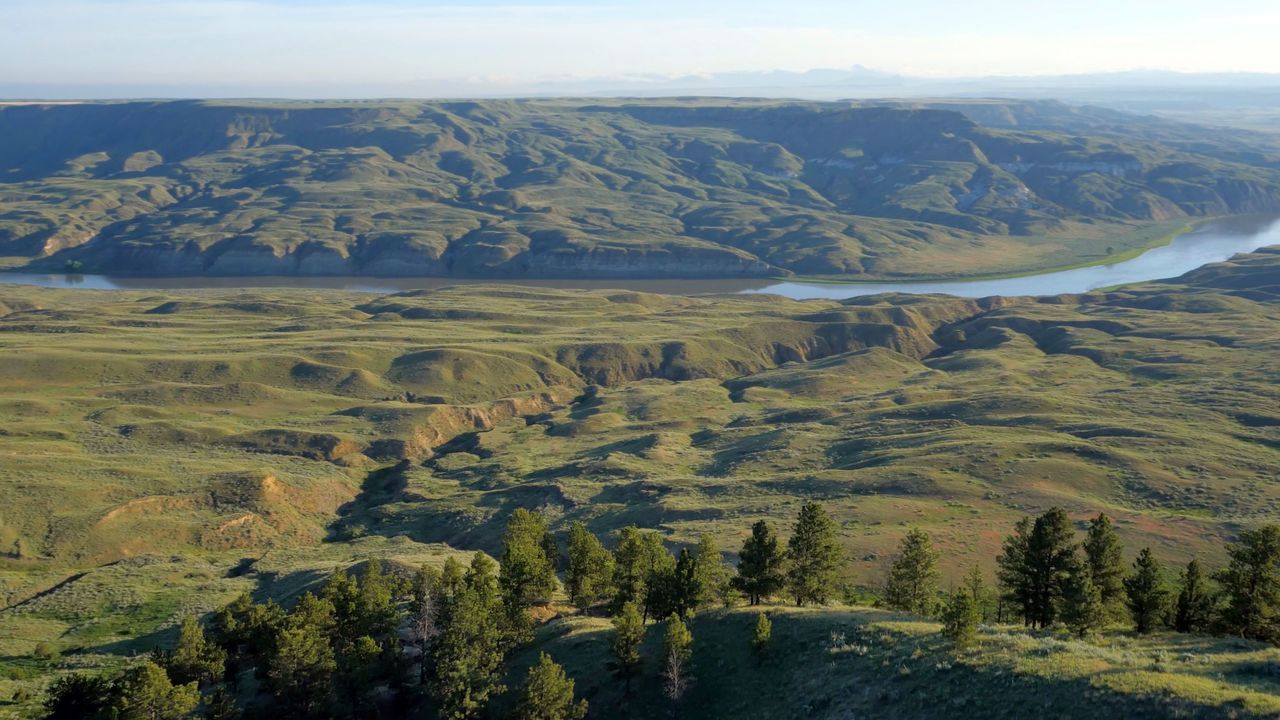 A portion of the PN Ranch north of Winifred, Montana, is seen in 2014, with the Missouri River in the background.