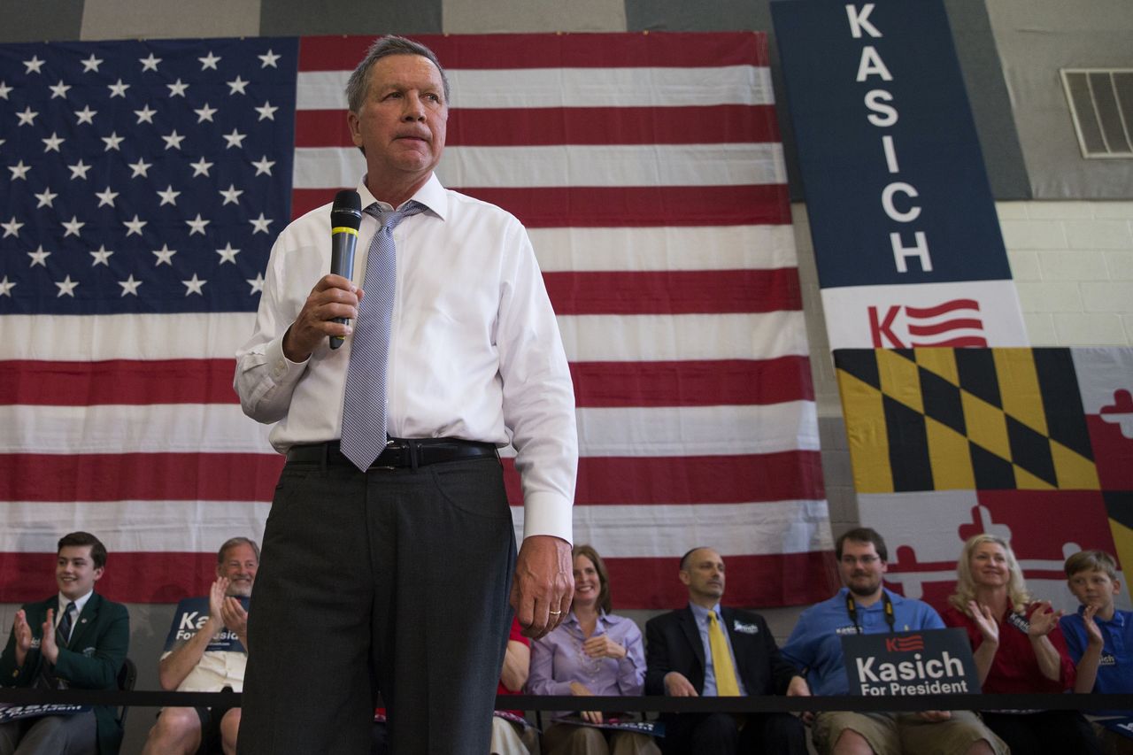 Republican presidential candidate John Kasich speaks during a town hall at Thomas farms Community Center on Monday in Rockville, Maryland.