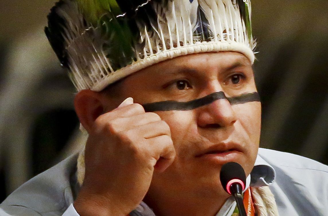 Brazil’s indigenous Guarani-Kaiowá leader Eliseu Lopes speaks Monday during the 15th session of the United Nations Permanent Forum on Indigenous Issues at U.N. headquarters.
