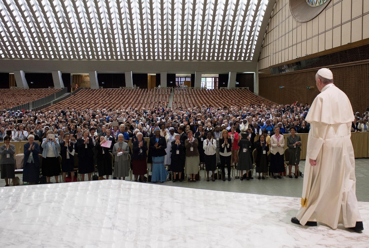 Pope Francis arrives for a special audience with Superiors General of Institutes of Catholic Women Religious in the Paul VI Hall at the Vatican on Thursday.