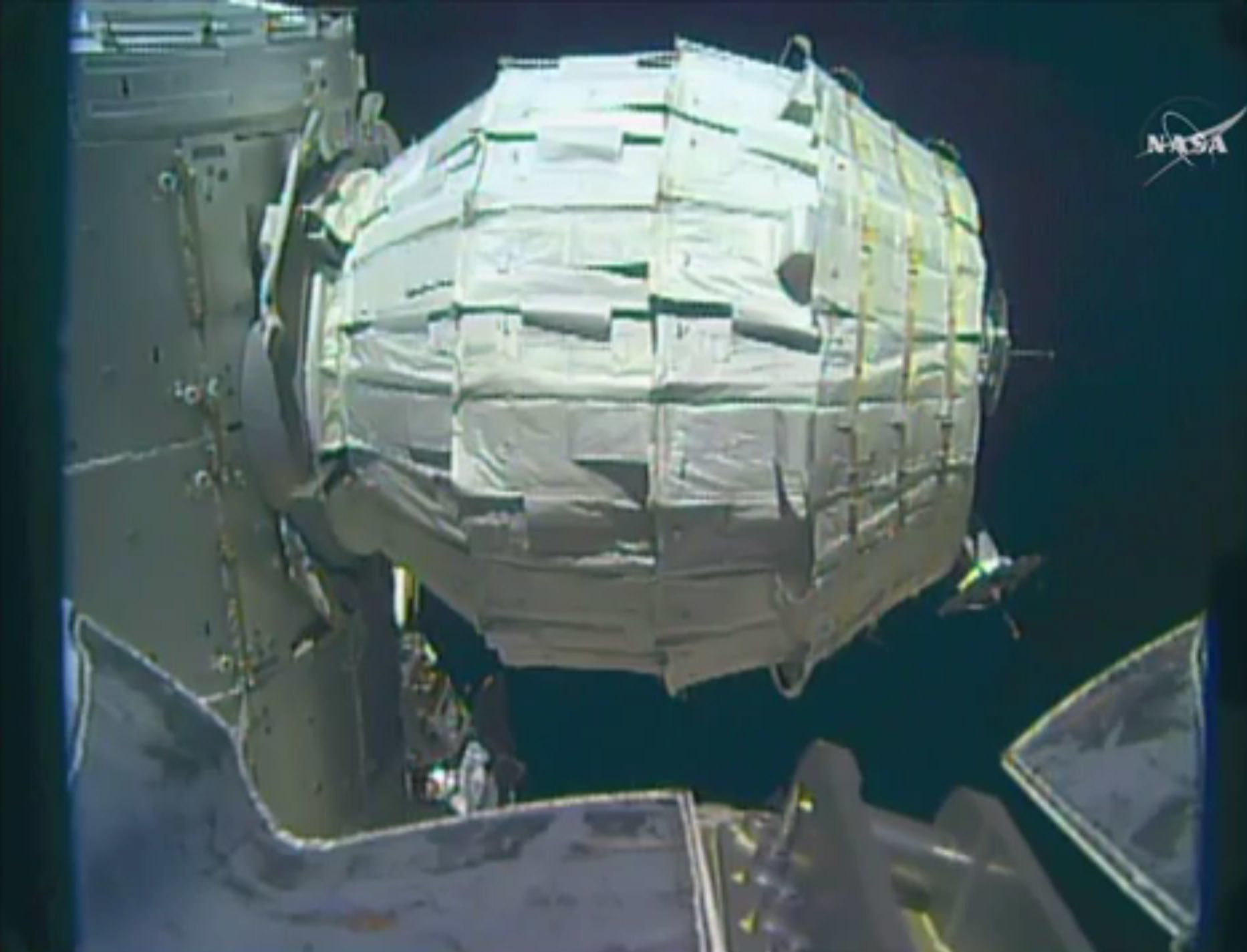 This image from video shows the inflation of the new experimental room at the International Space Station on Saturday.