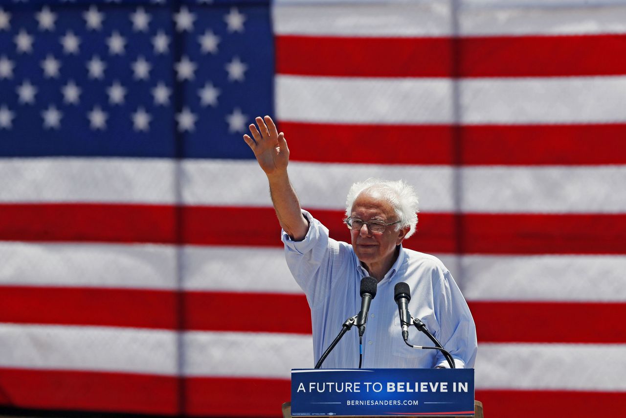 Democratic presidential candidate Bernie Sanders waves as he speaks during a campaign rally in Cathedral City, California, on Wednesday.