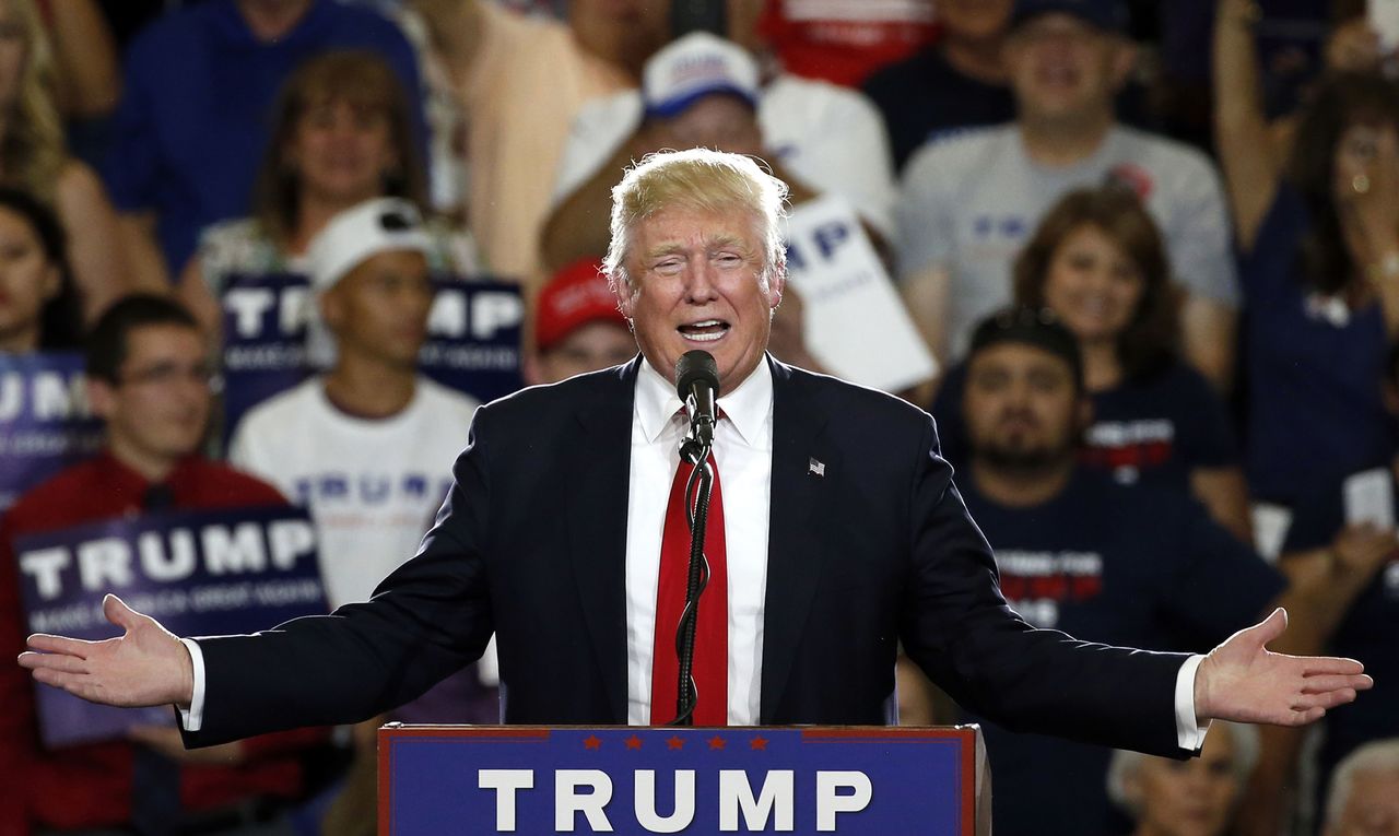 Republican presidential candidate Donald Trump speaks at a campaign event in Albuquerque, New Mexico, on Tuesday. According to an AP count, Trump has reached the number of delegates needed to clinch the Republican nomination for president.