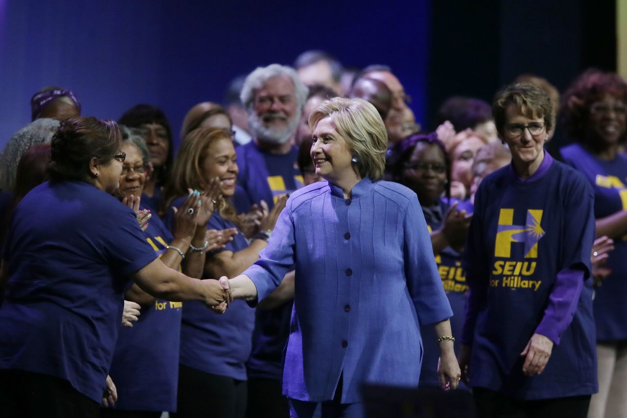 Democratic presidential candidate Hillary Clinton meets with Service Employees International Union (SEIU) members at the union’s 2016 International Convention on Monday in Detroit.