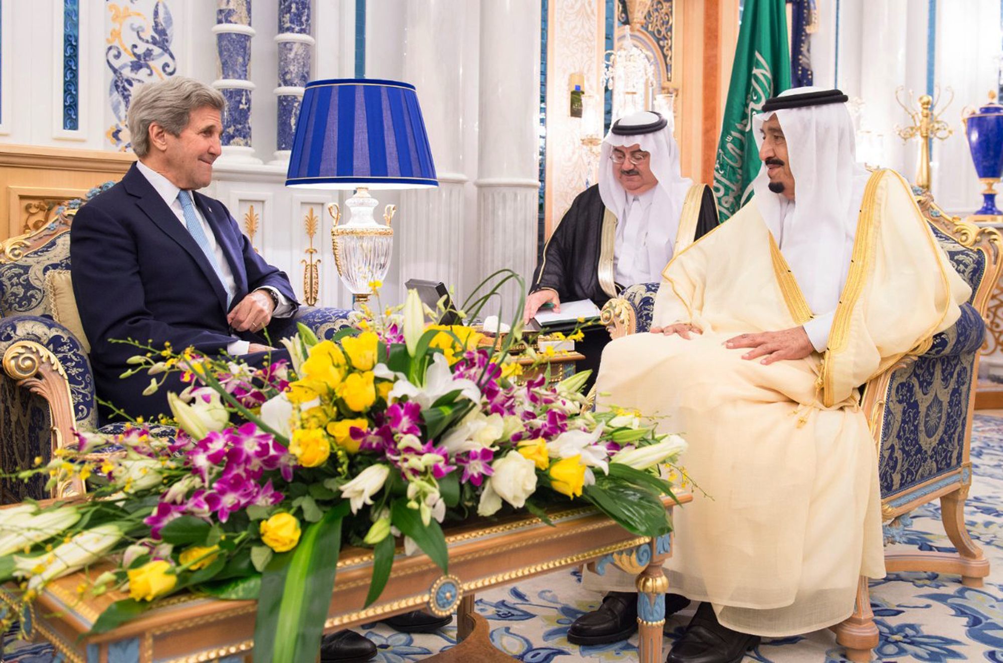 Saudi Arabian King Salman bin Abdul Aziz (right), meets with U.S. Secretary of State John Kerry in Jiddah, Saudi Arabia, on May 15.