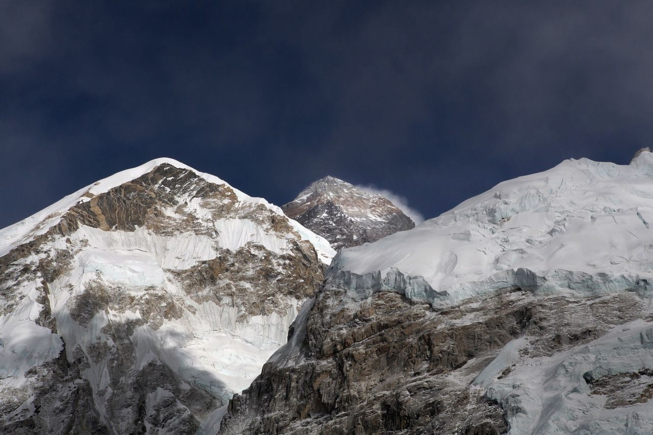 Mount Everest (in middle), altitude 29,028 feet, is seen March 7 on the way to base camp.