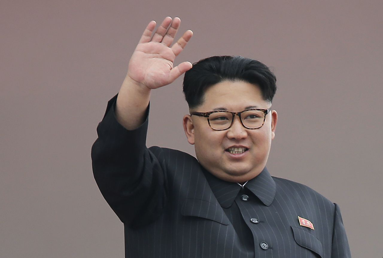North Korean leader Kim Jong Un waves at parade participants at the Kim Il Sung Square on May 10 in Pyongyang, North Korea.