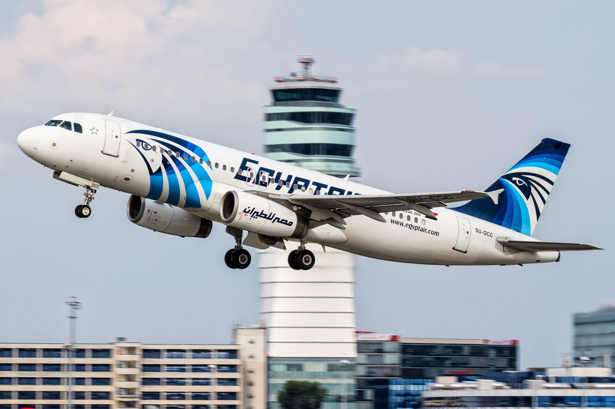This August 2015 photo shows an EgyptAir Airbus A320 with the registration SU-GCC taking off from Vienna International Airport, Austria.