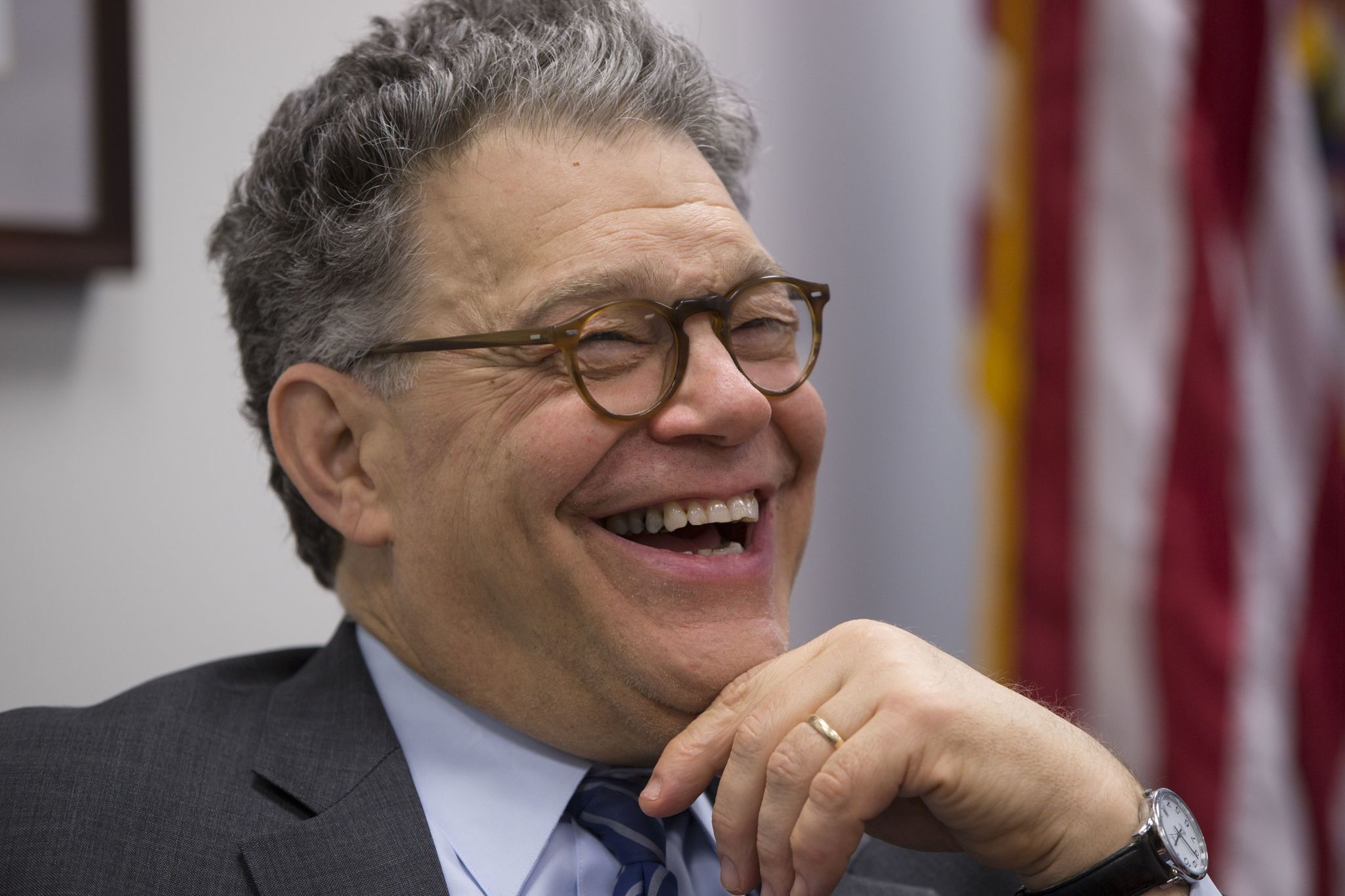 Sen. Al Franken, D-Minn., laughs as he meets with students from the Close Up program from St. Michael-Albertville High School in St. Michael, Minnesota, on Capitol Hill on Wednesday. For years, Franken has kept one of his most potent political weapons in check: his wit. The former “Saturday Night Live” comic was determined to establish himself as a serious senator after winning his Minnesota seat by a razor-thin margin. So after getting to the Senate in 2009 he embraced the low-key life of a freshman lawmaker.