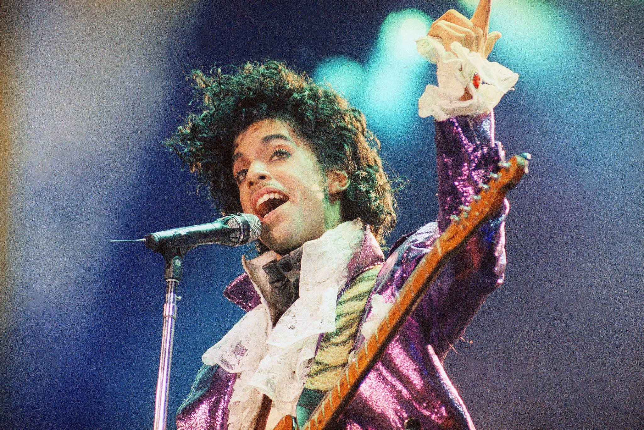 In this Feb. 18, 1985, photo, Prince performs at the Forum in Inglewood, California.