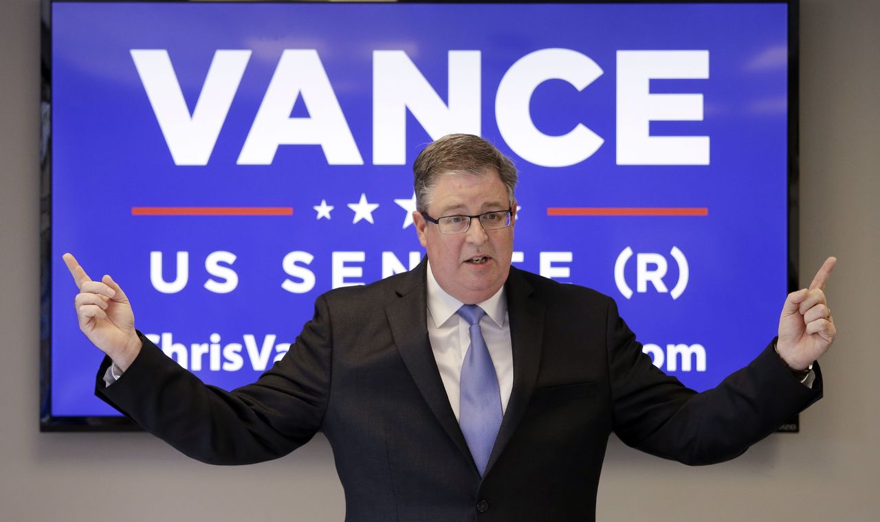 GOP U.S. Senate candidate Chris Vance talks about how far apart the two major parties are while speaking at a news conference Thursday in Seattle. The Republican candidate for U.S. Senate in Washington says he can’t support Donald Trump as his party’s nominee.