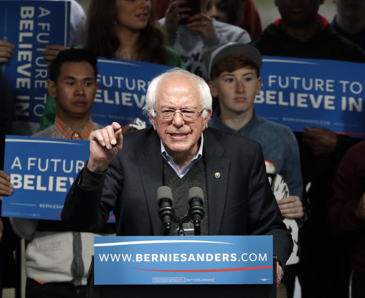 Democratic presidential candidate, Sen. Bernie Sanders, I-Vt., speaks during a campaign rally Tuesday, May 3, 2016, in Louisville, Ky. (AP Photo/Charlie Riedel)
