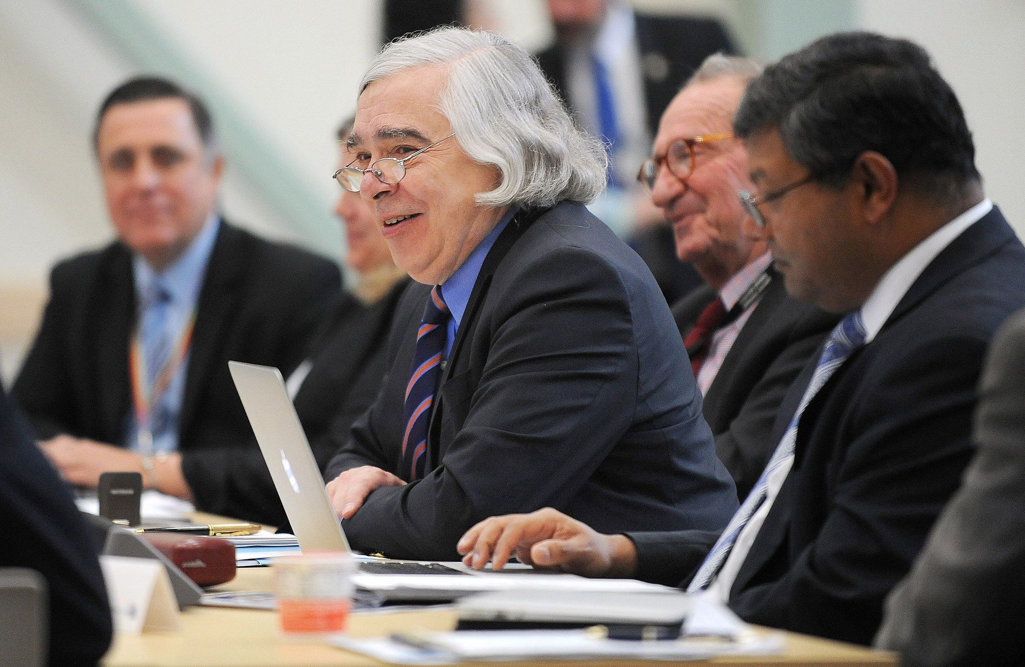 U.S. Energy Secretary Ernest Moniz addresses members of his Secretary of Energy Advisory Board at the Energy Innovations Laboratory in Idaho Falls, Idaho, on Tuesday. Moniz announced that $82 million will be appropriated for nuclear energy projects in 28 states as part of the government’s plan to reduce carbon emissions.