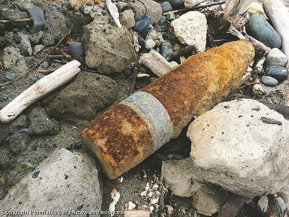The Navy said this shell most likely came from the bunker above the beach at the end of Elmira Street in Port Townsend, which once was part of the Fort Worden military base complex.