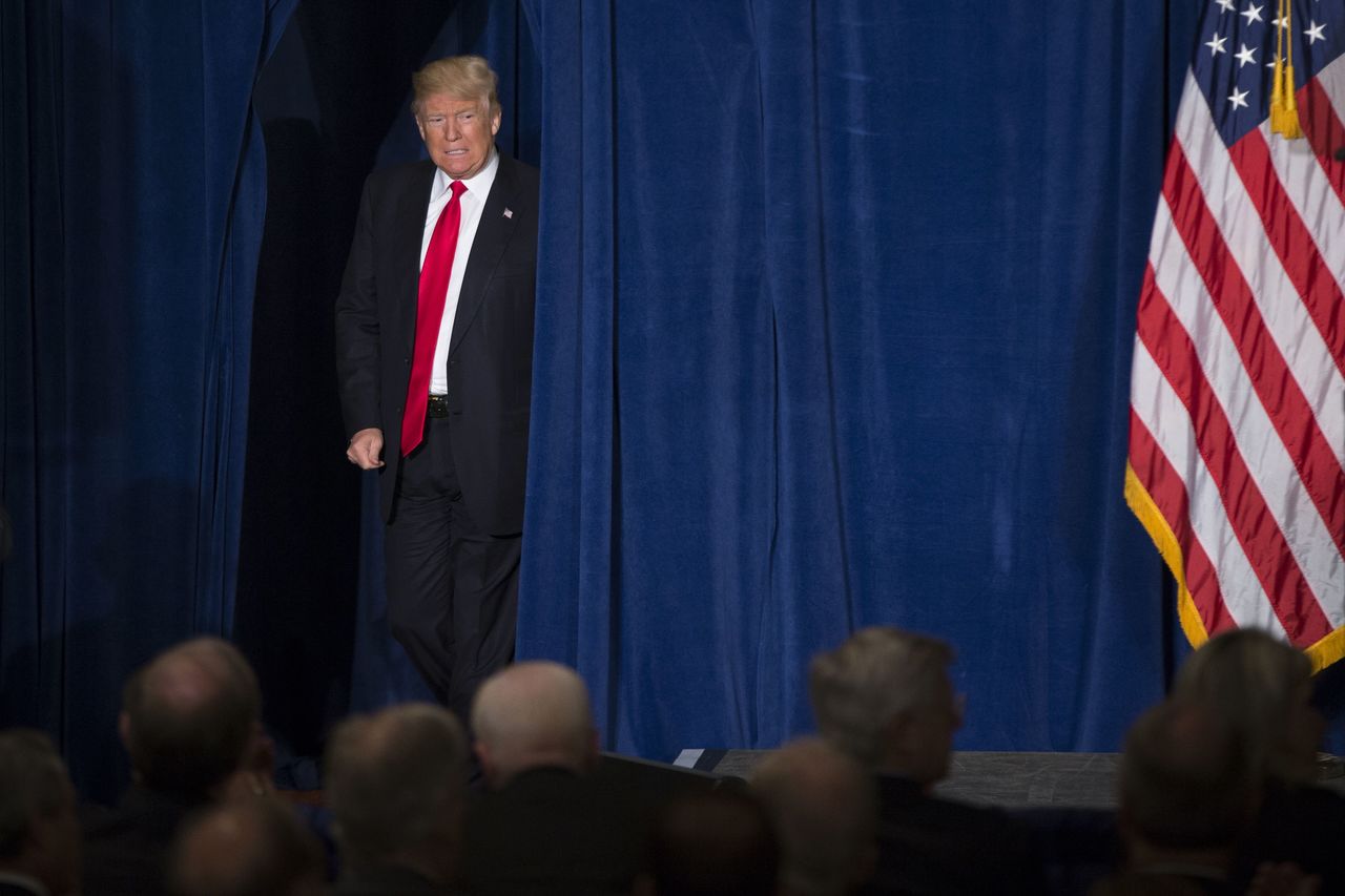 Republican presidential candidate Donald Trump arrives to give a foreign policy speech at the Mayflower Hotel in Washington, D.C., on Wednesday.