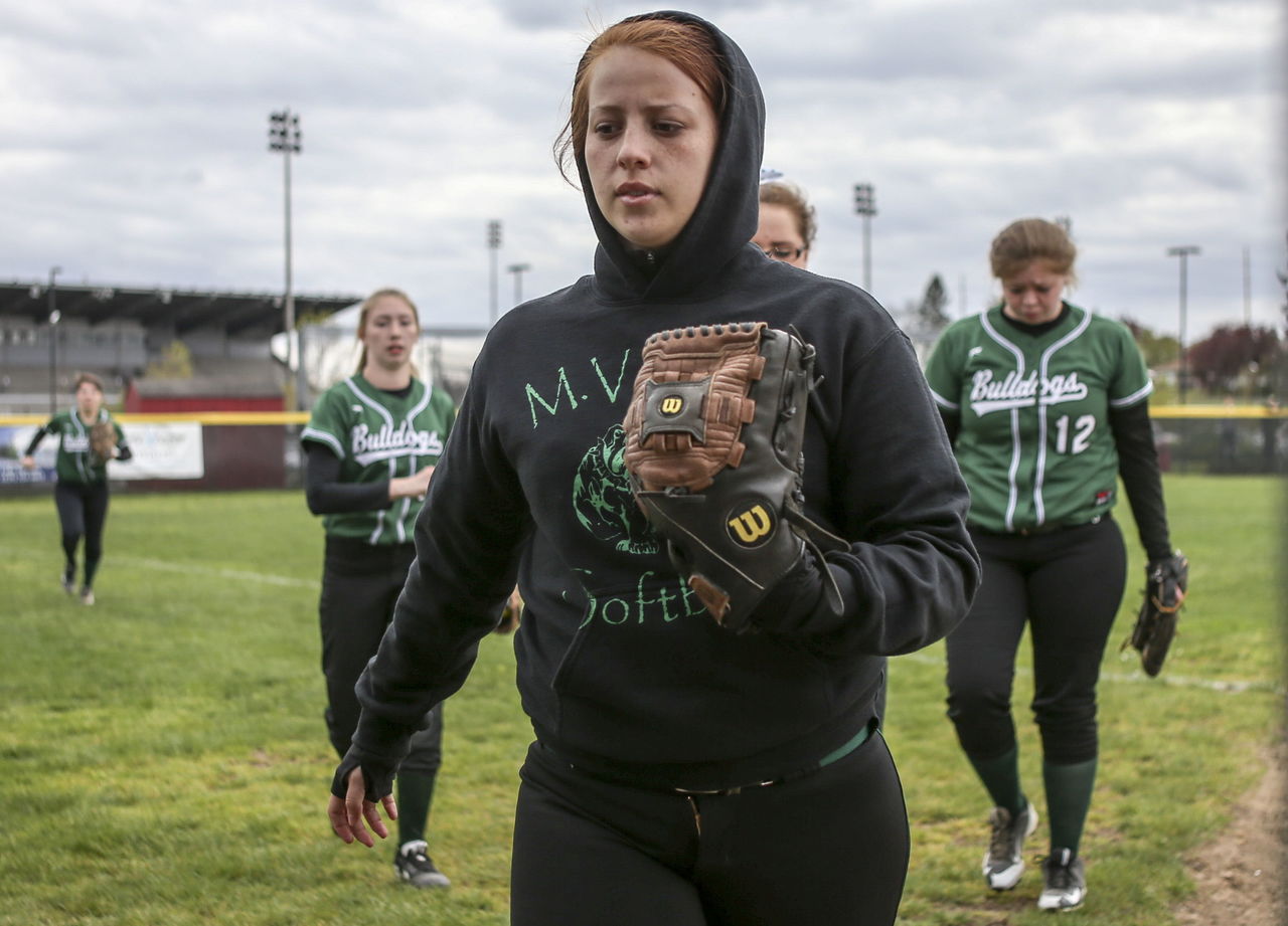 Mount Vernon’s Laura Sedano qualified for the state wrestling tournament earlier this year and is now playing softball for the Bulldogs.