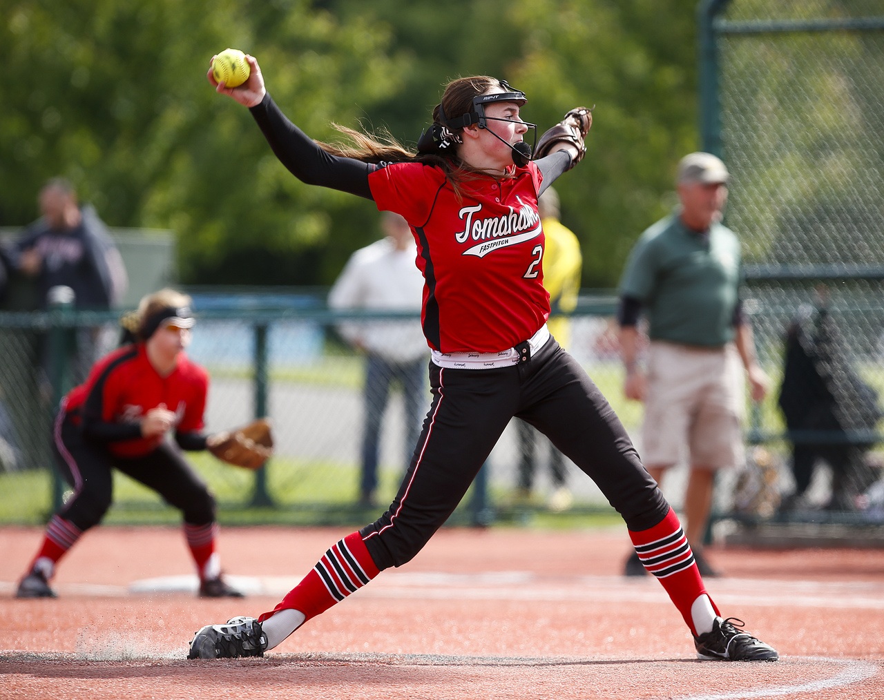 Marysville Pilchuck pitcher Mckenzie Justice delivers a pitch during a first round game against Shadle Park at the 3A Washington State Softball Championships in Lacey on Friday, May 27, 2016. Marysville Pilchuck went on to defeat Shadle Park 9-4.