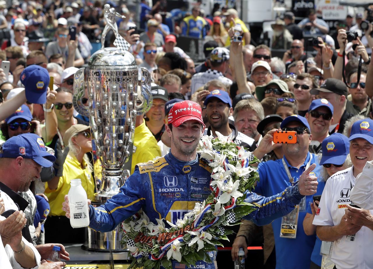 Alexander Rossi celebrates after winning the 100th running of the Indianapolis 500 at Indianapolis Motor Speedway on Sunday.