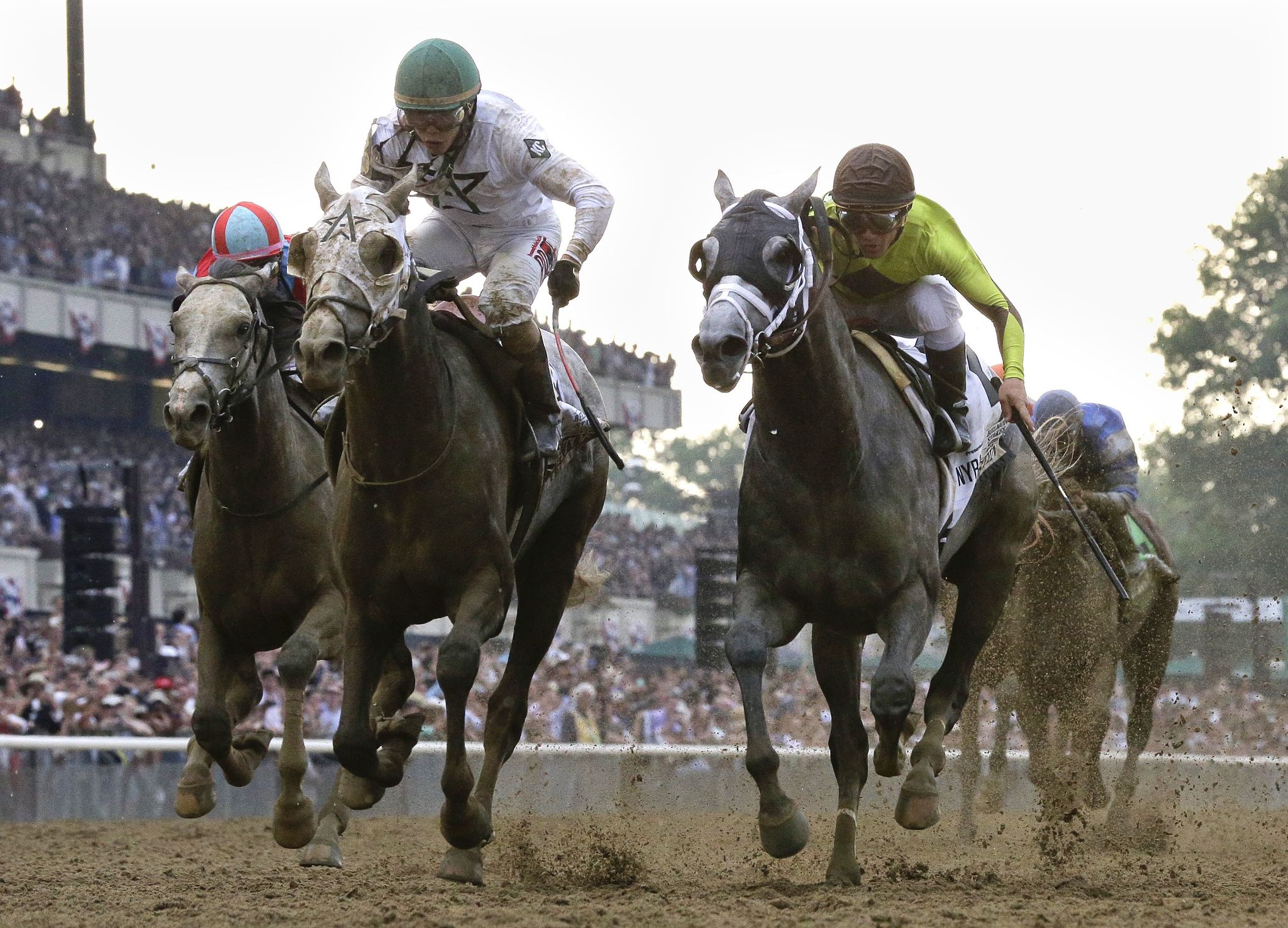 Creator (left) with Irad Ortiz Jr. up, edges out Destin, with Javier Castellano aboard, to win the Belmont Stakes Saturday in Elmont, N.Y.