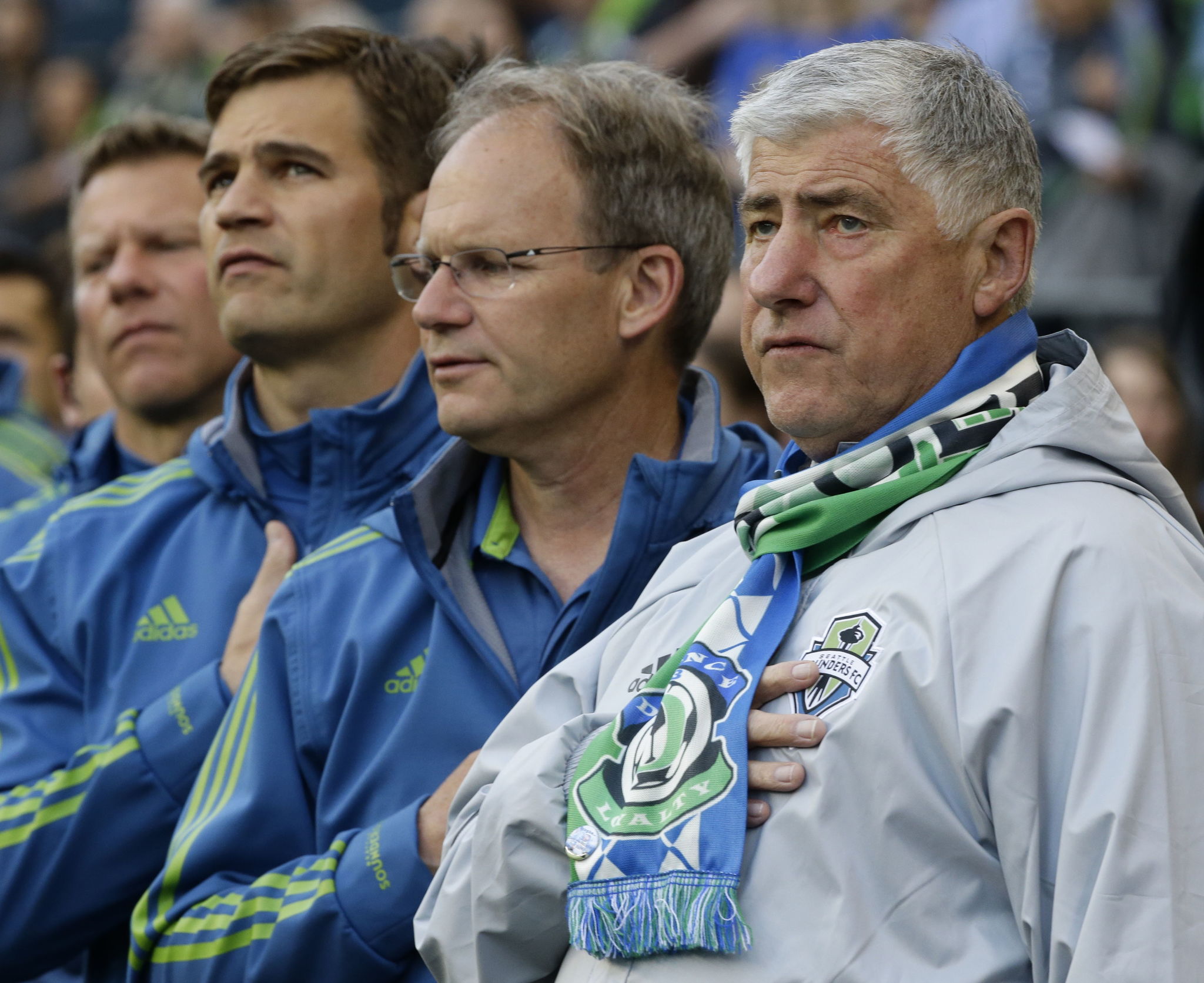 Seattle coach Sigi Schmid (right) stands with members of his coaching staff before the Sounders played Philadelphia on April 16 in Seattle. Schmid has presided over what is arguably the greatest expansion franchise in MLS history.