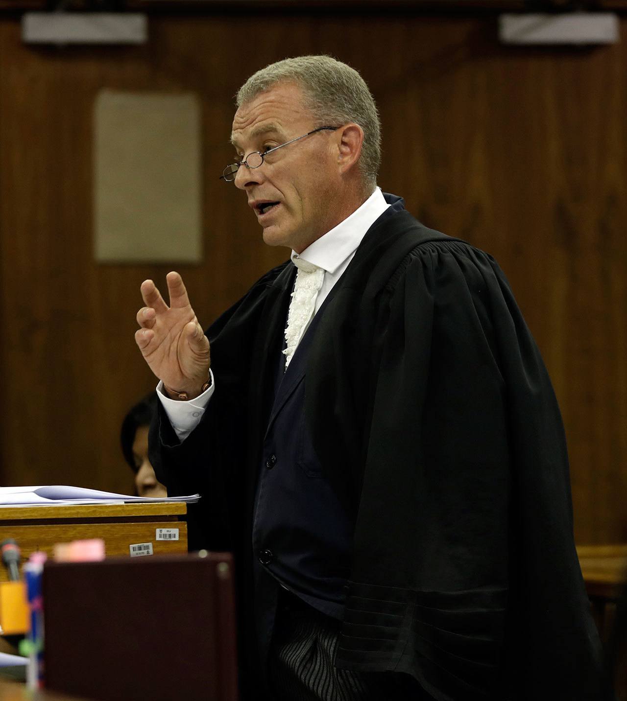 South African chief state prosecutor Gerrie Nel speaks during the state appeal against Oscar Pistorius’s six-year murder sentence Friday at the high court in Johannesburg, South Africa. (AP Photo/Themba Hadebe, Pool)