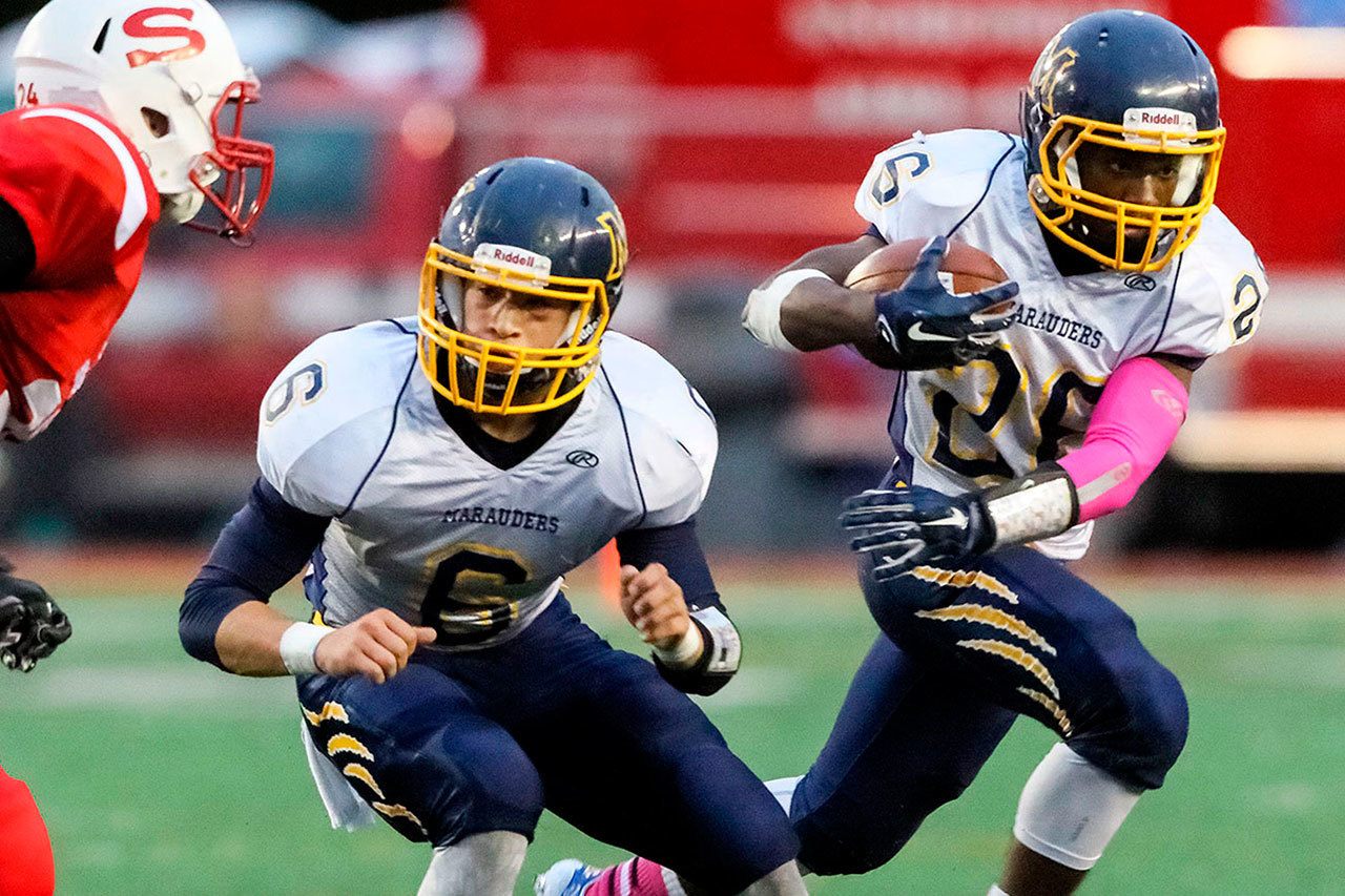 Running backs Anthany Smith (6) and Darius Brown (26) are two of the dynamic skill-position players coach Mark Stewart has returning for the Mariner Marauders this season. (Kevin Clark / The Herald)