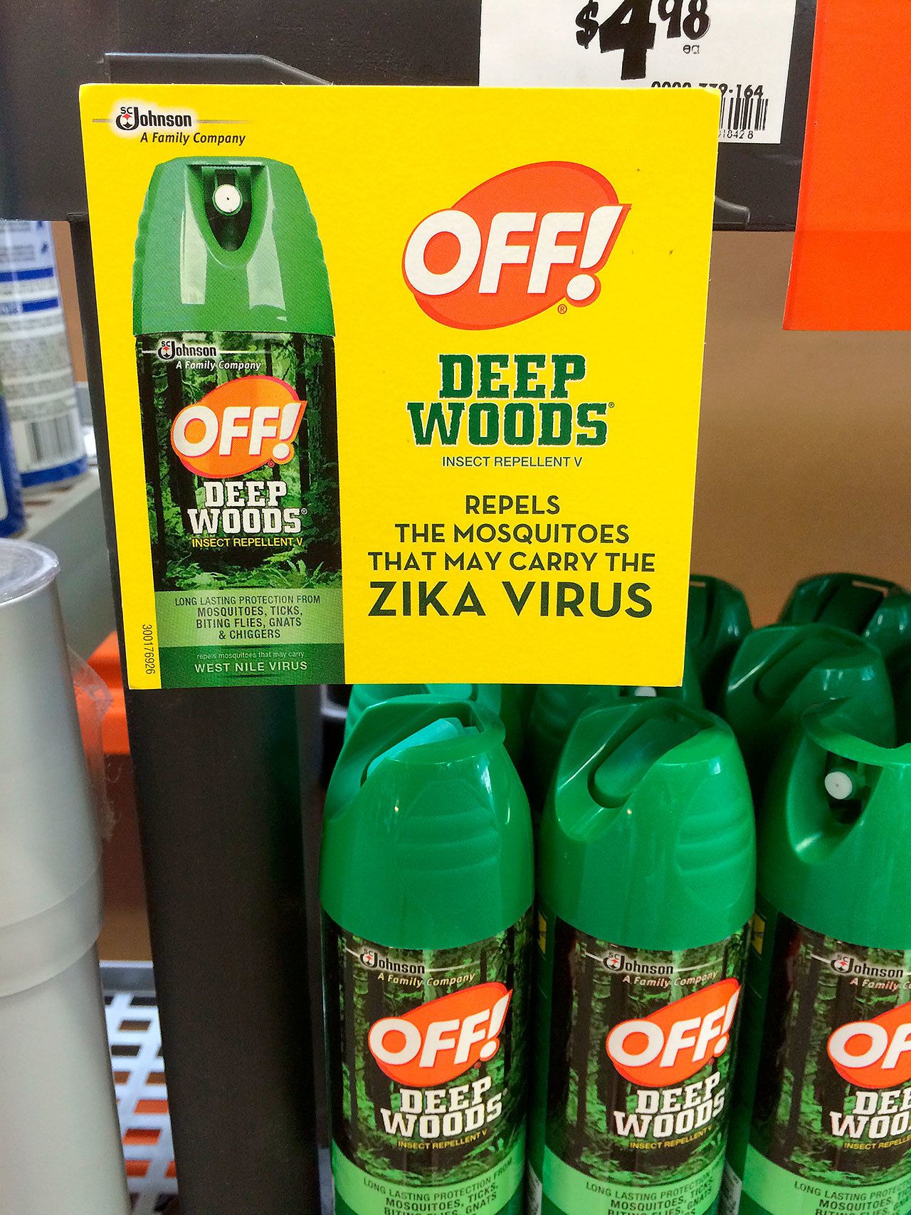 Cans of Off! insect repellent are displayed with a sign which reads, “Repels the mosquitos that may carry the Zika virus” at a home improvement store in Fairless Hills, Pennsylvania. (AP Photo/Linda A. Johnson)