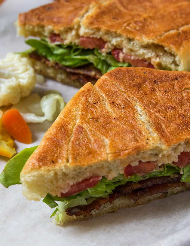 The BLT-ini with bacon, local bibb lettuce and tomato, house-made aioli and havarti cheese on rosemary focaccia at Whidbey Pie & Cafe. (Andy Bronson / The Herald)