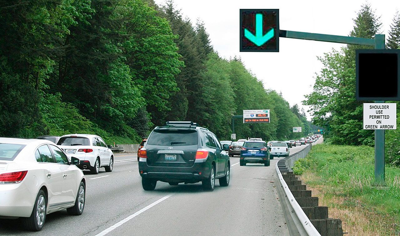 A photo illustration depicting the planned use of shoulder driving on I-405. (Washington State Department of Transportation)