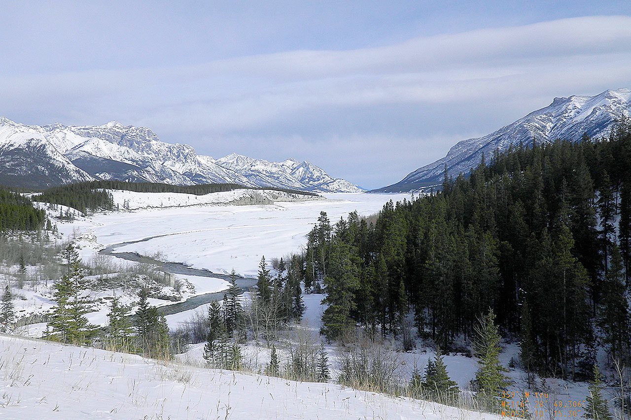 This February 2012 shows a southward view down Cline River in Alberta, Canada, where retreating ice sheets created an ice-free corridor more than 13,000 years ago. This is part of the ice-free corridor which was ruled out for migration by the first people to colonize the Americas, since no evidence of plants or animals were found along this route until about 12,600 years ago. (Mikkel Winther Pedersen via AP)