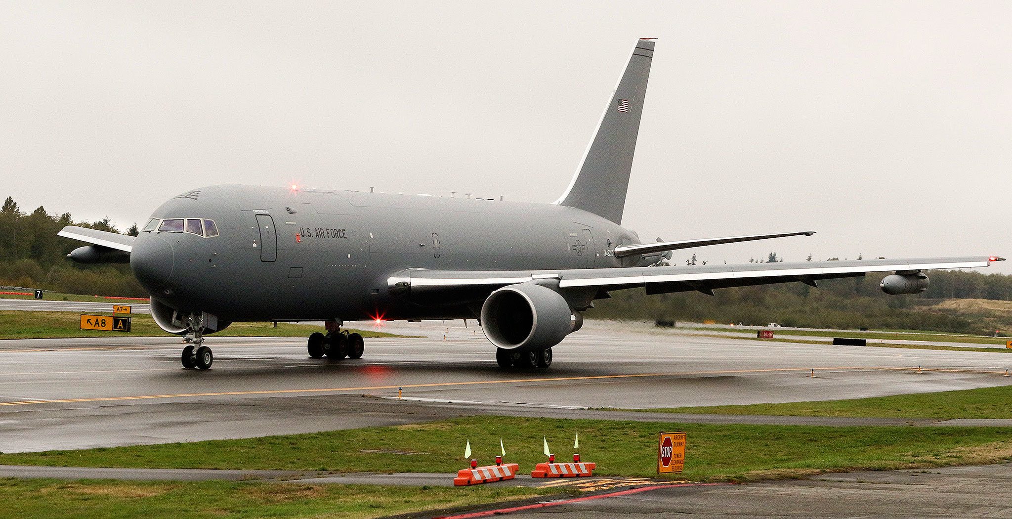 A KC-46 Pegasus tanker before its first flight at Paine Field last September. (Andy Bronson / The Herald)