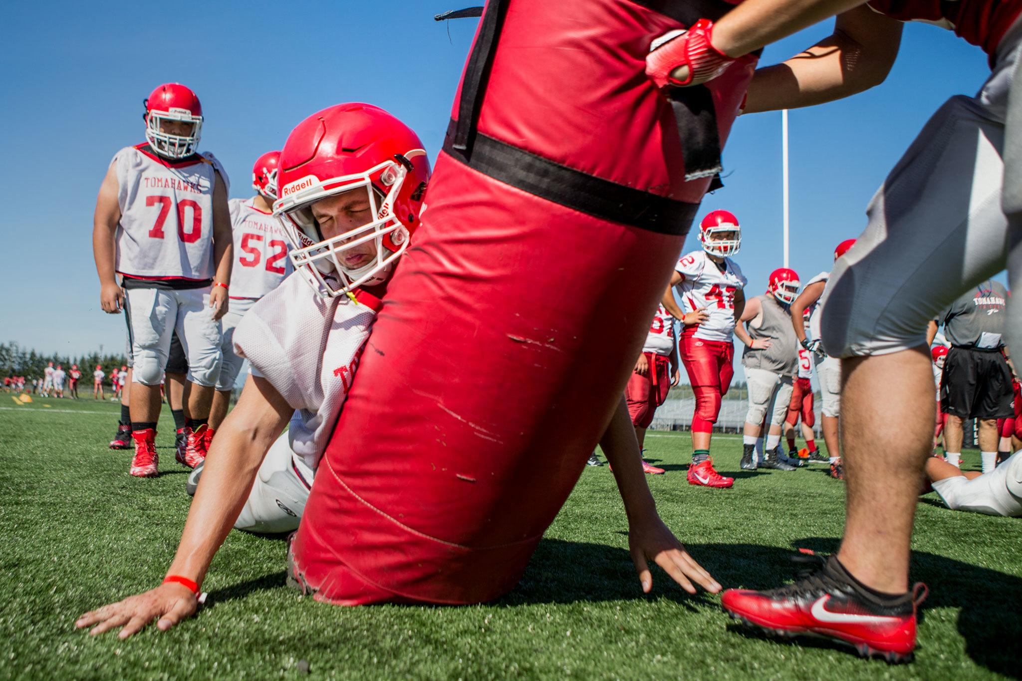 Marysville Pilchuck senior Jakob Wiechert works through drills Thursday afternoon at Quil Ceda Stadium. (Kevin Clark / The Herald)