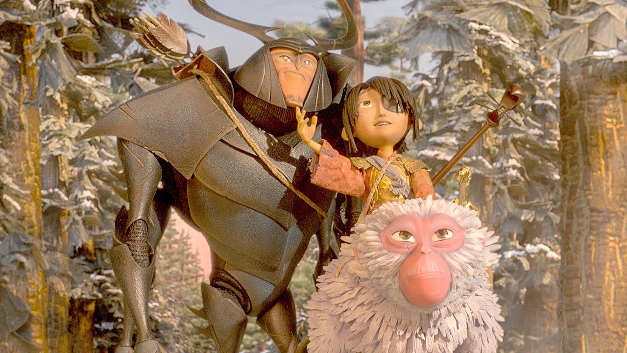Beetle, Kubo, and Monkey emerge from the Forest and take in the beauty of the landscape in “Kubo and the Two Strings.” (Laika Studios-Focus Features)