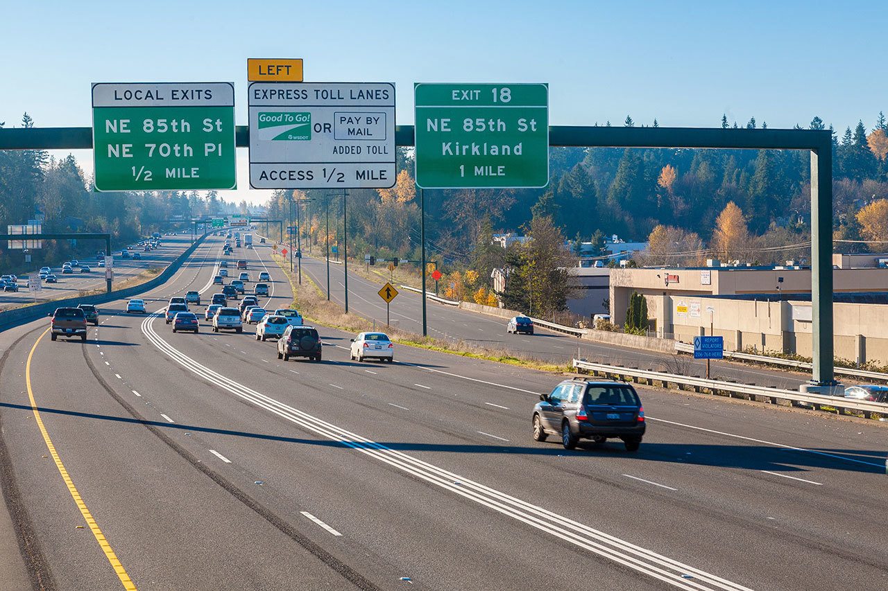 Here, I-405 express toll lanes are in operation in Kirkland. But they haven’t done much to ease rush hour congestion. (Washington State Department of Transportation photo)