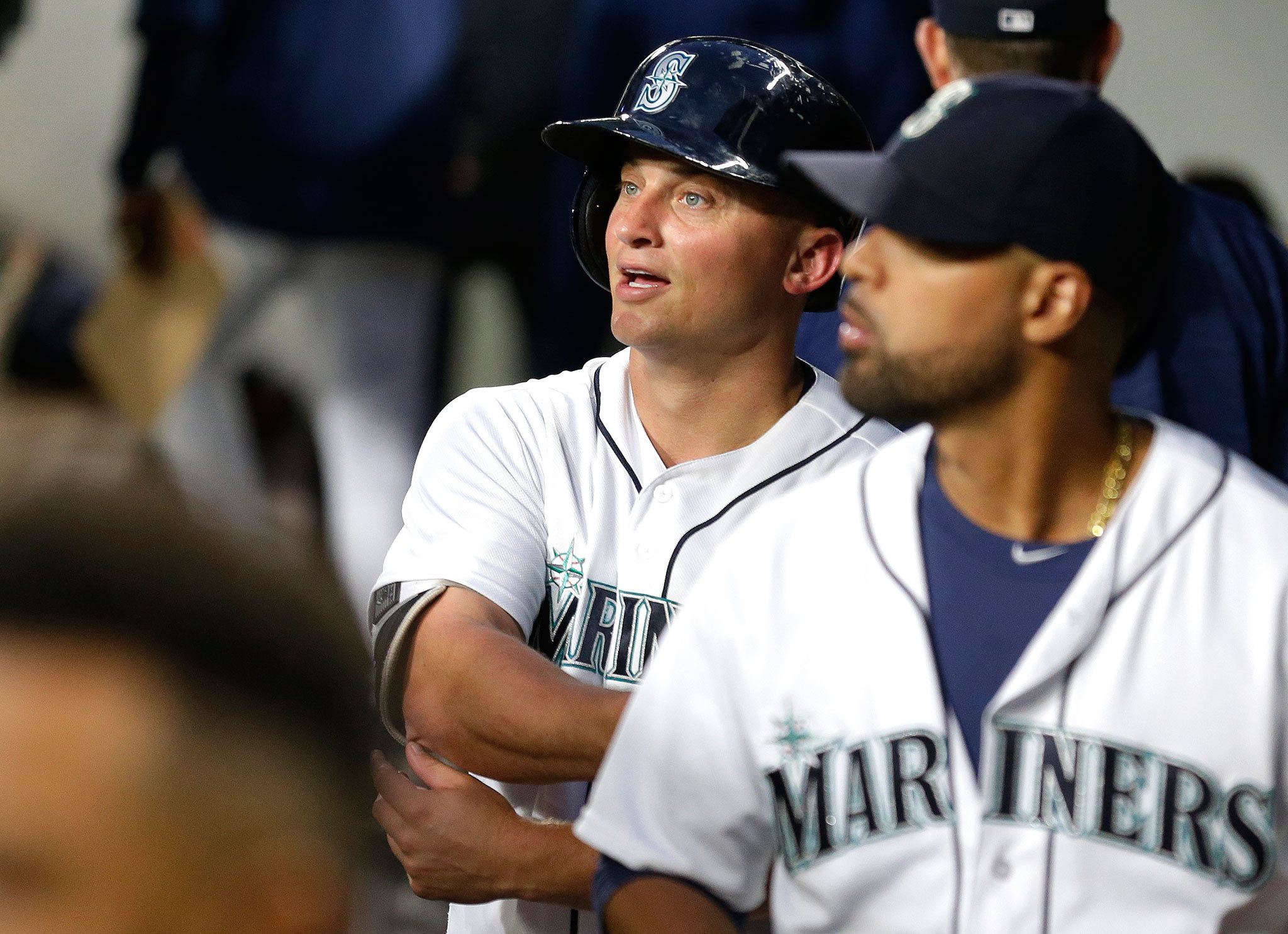 The Mariners’ Kyle Seager watches the replay after he hit a three-run home run in the fourth inning of Monday’s game against the New York Yankees. (AP Photo/Ted S. Warren)