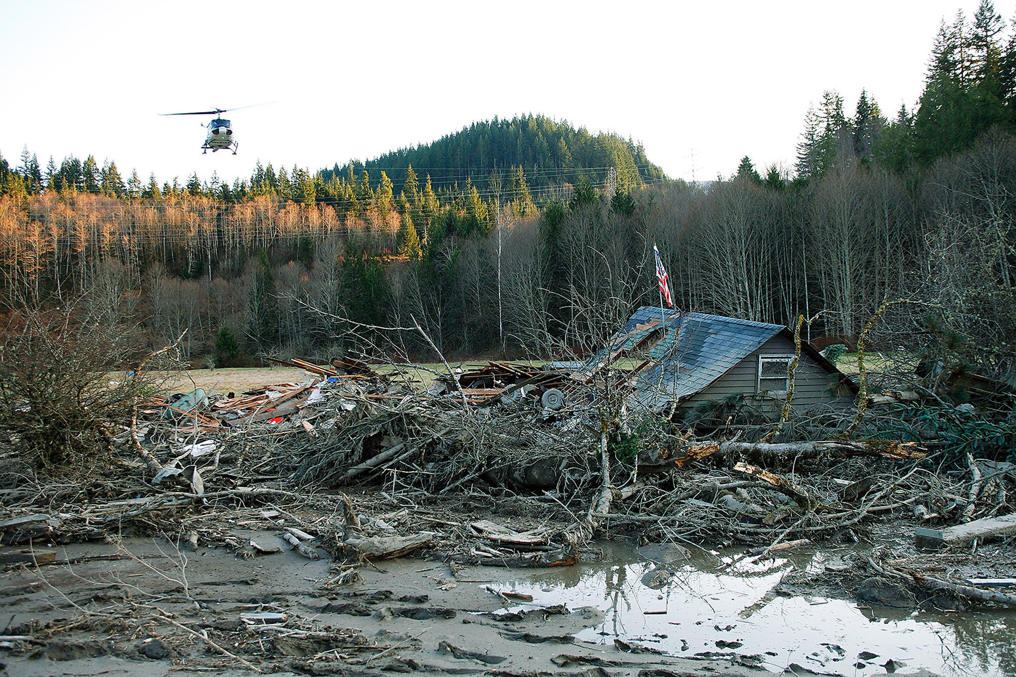 A day after the Oso mudslide, a search-and-rescue helicopter prepares to land. (Genna Martin/The Herald)