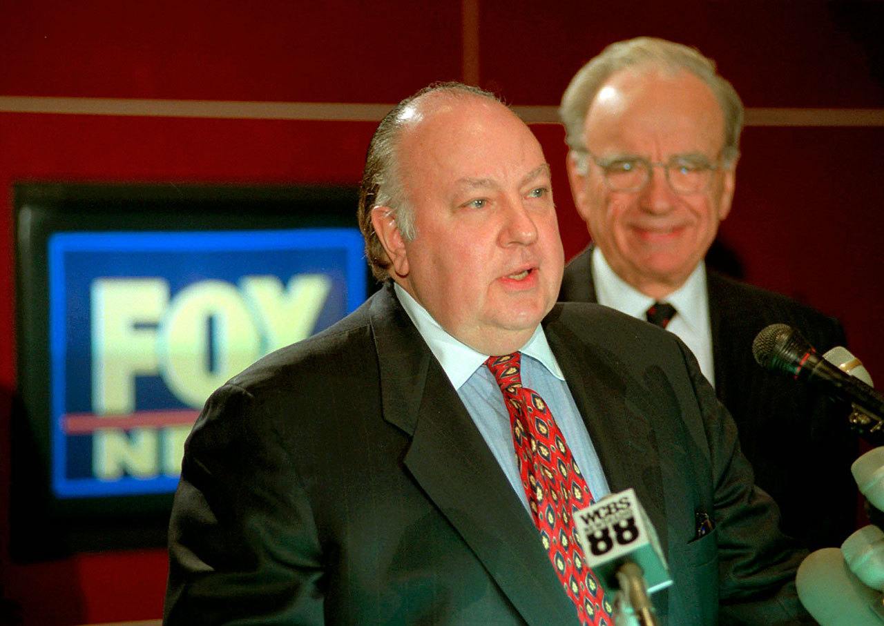 Roger Ailes, left, speaks at a news conference in 1996 as Rupert Murdoch looks on after it was announced that Ailes will be chairman and CEO of the newly created Fox News. Former Fox News host Andrea Tantaros has charged in a lawsuit filed Monday that she was sexually harassed by former network chief Ailes and other top executives. (Associated Press file photo)