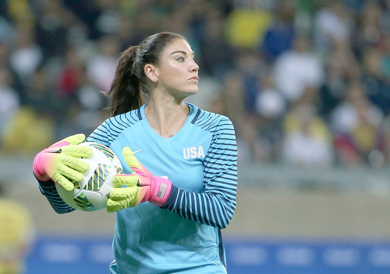 Hope Solo, shown here in an Olympic match against New Zealand on Aug. 3, has been suspended from the U.S. women’s national team for six months for condut “counter to the organization’s principles.” (AP Photo/Eugenio Savio)