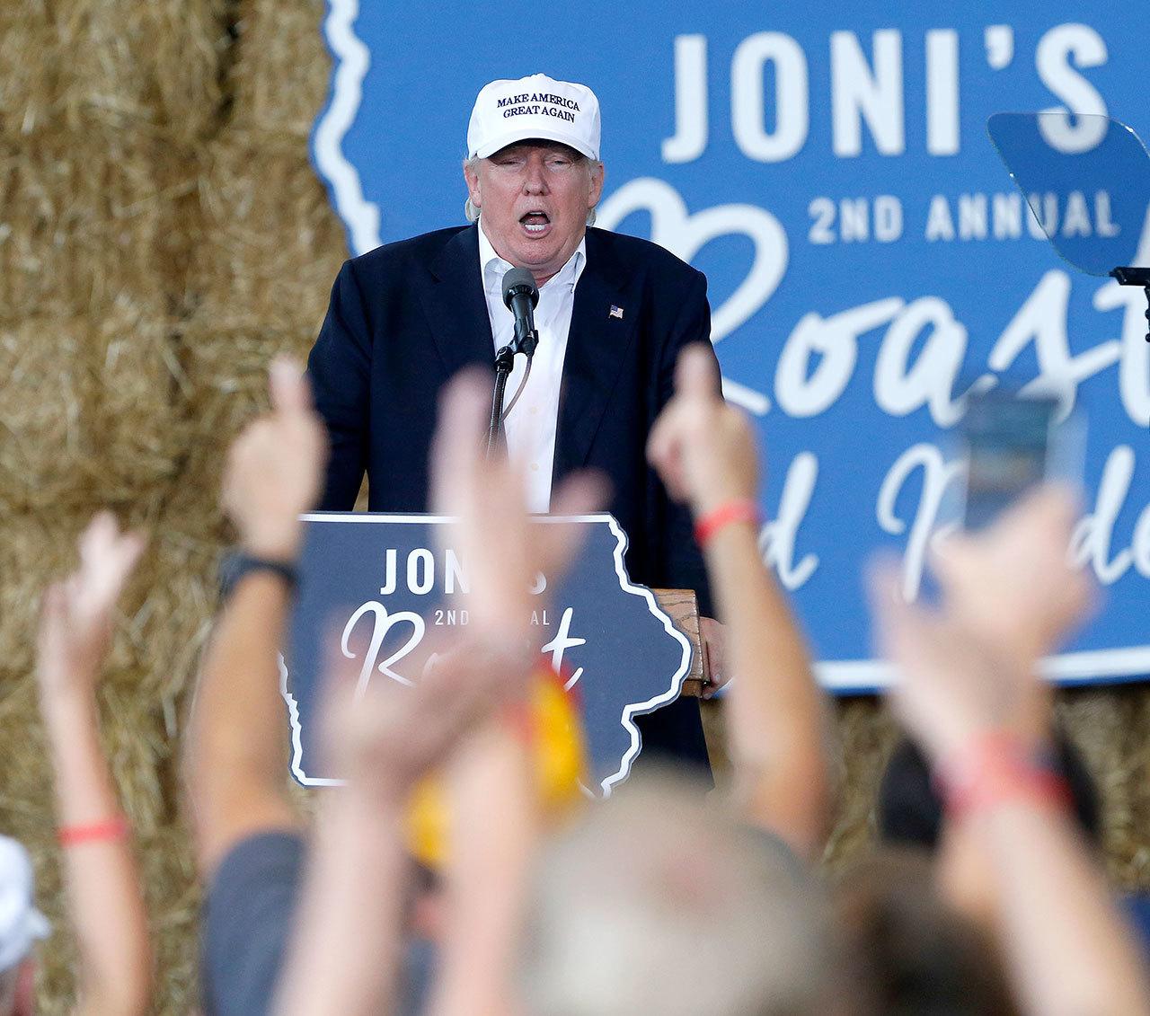 Republican presidential nominee Donald Trump speaks during a fundraiser at the Iowa State Fairgrounds, in Des Moines, Iowa, on Saturday. (AP Photo/Gerald Herbert)