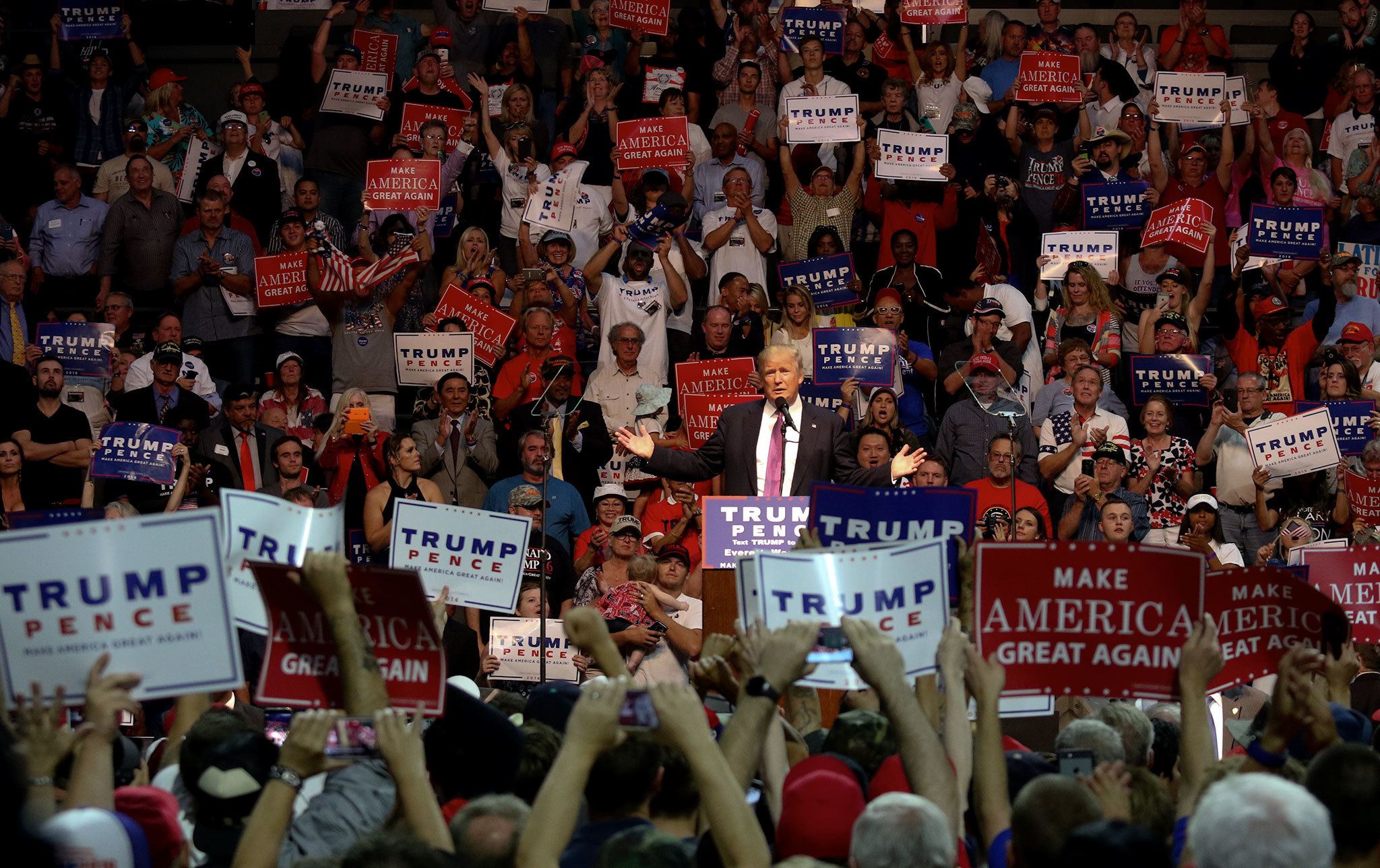 Republican presidential candidate Donald Trump speaks to supporters at Xfinity Arena on Tuesday in Everett. (Andy Bronson / The Herald)
