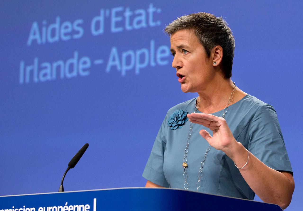 European Union Competition Commissioner Margrethe Vestager speaks during a media conference at EU headquarters in Brussels on Tuesday. The European Union says Ireland has given illegal tax benefits to Apple Inc. and must now recover the unpaid back taxes from the U.S. technology company, plus interest. (AP Photo/Virginia Mayo)