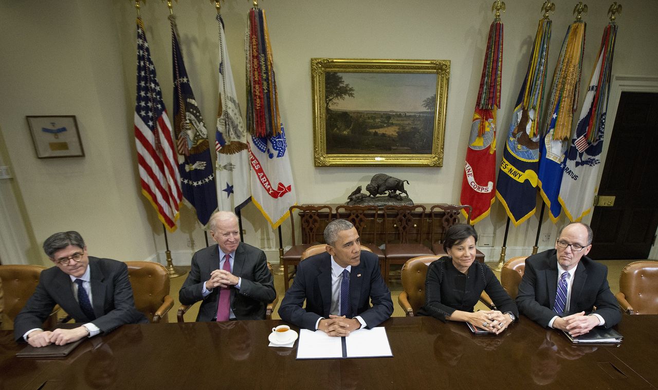 President Barack Obama meets with members of his economic team in the Roosevelt Room of the White House on Friday. Obama spoke about U.S. employers adding 242,000 workers in February, driving another solid month for the resilient American job market.