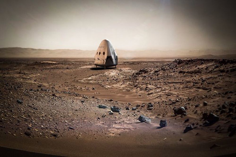 An artist’s rendering of SpaceX Dragon capsule sitting on the surface of Mars.