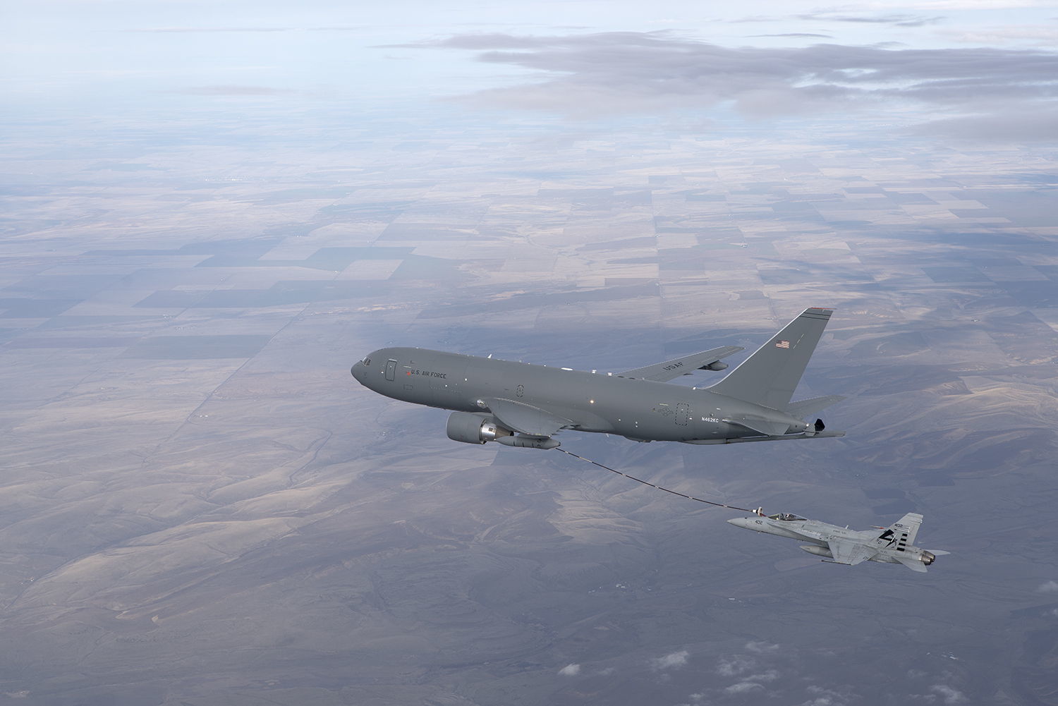 A Boeing and Air Force crew successfully refueled an F/A-18 midflight this week with the under-development KC-46 tanker.