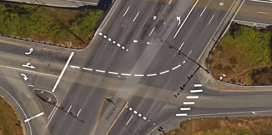 Contributed by Don Holt This altered map of the intersection of Highway 526 and Evergreen Way in Everett shows how new striping helps semi-trucks exiting the eastbound Boeing Freeway make the left turn into the inner lanes of northbound Evergreen Way.