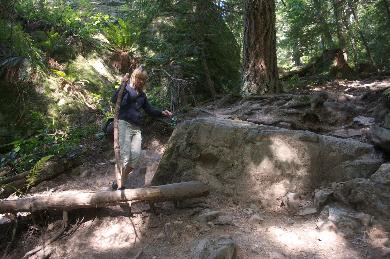 Ewa Klosek uses a stick to help her down the rugged trail of Oyster Dome in 2010. Crews have been working on the trail.