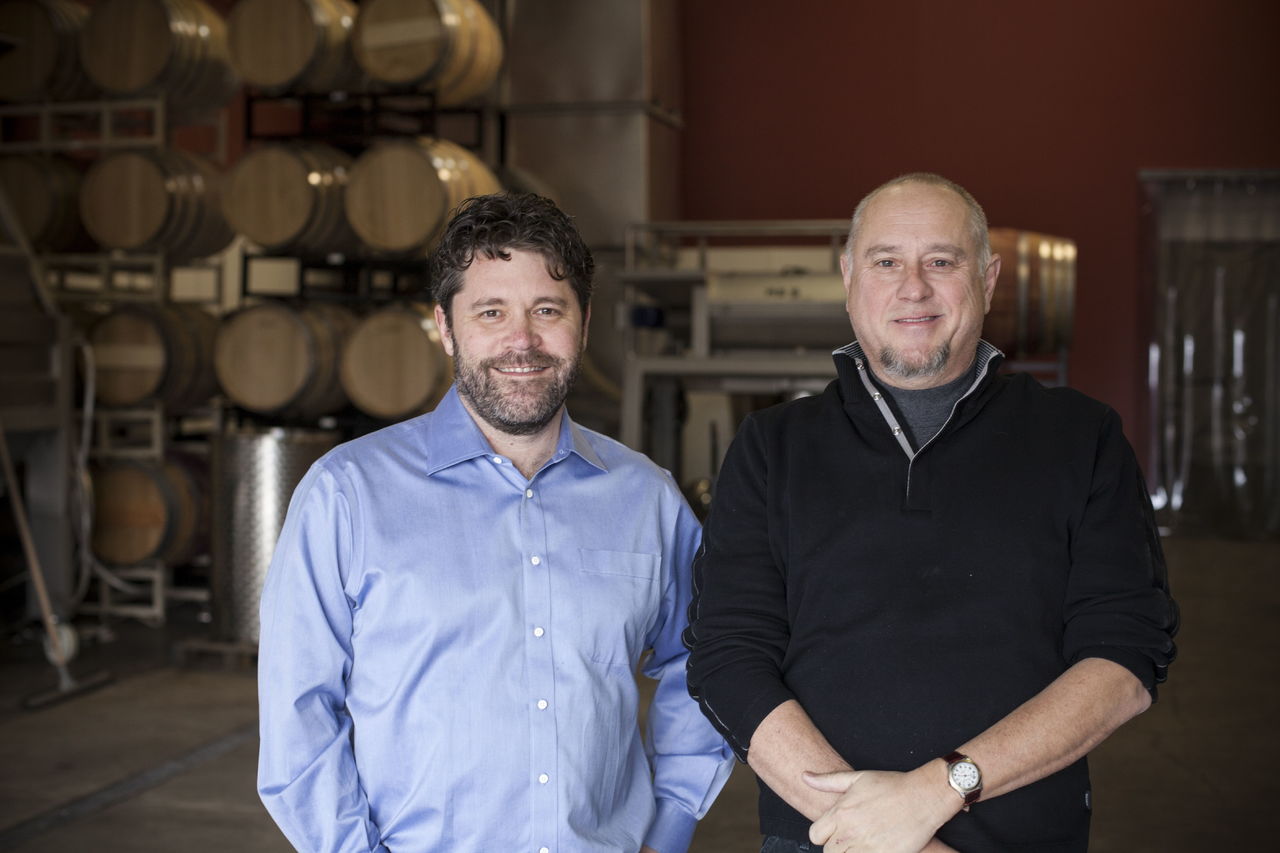 Chris Peterson (left) and Marty Taucher are the owners of Avennia, one of Washington’s most acclaimed young wineries. The winery is in Woodinville.