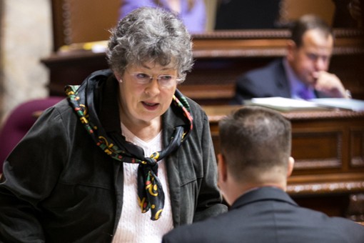 State Sen. Maralyn Chase, D-Edmonds, of the 32nd Legislative District, speaks with state Senator John Braun.