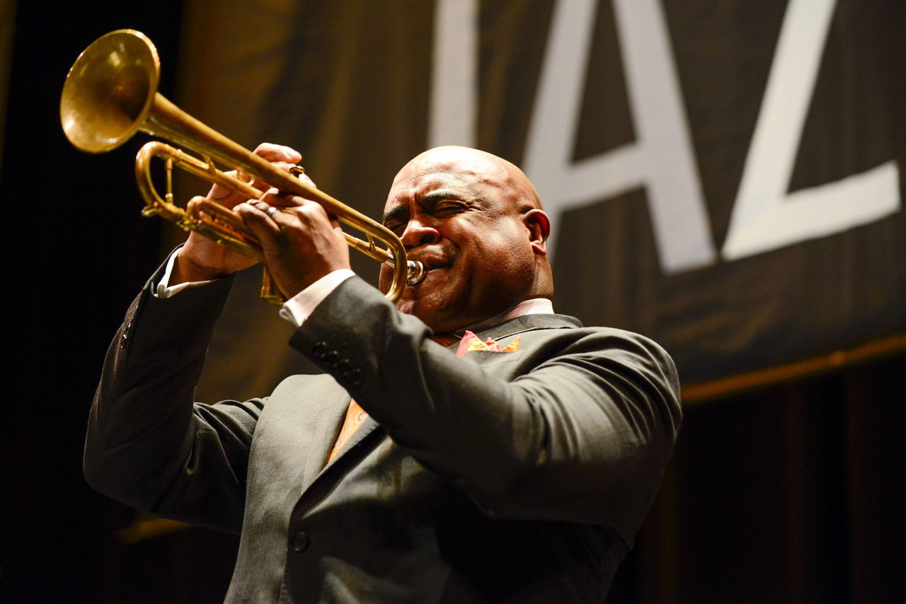 Terell Stafford plays his horn with the Seattle Repertory Jazz Orchestra on Feb. 18 at Edmonds Center for the Arts.