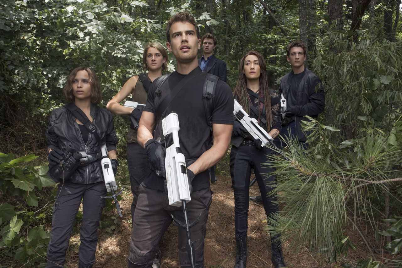 From left, Zoe Kravitz, Shailene Woodley, Theo James, Ansel Elgort, Maggie Q and Miles Teller in a scene from &ldquo;The Divergent Series: Allegiant.&rdquo;